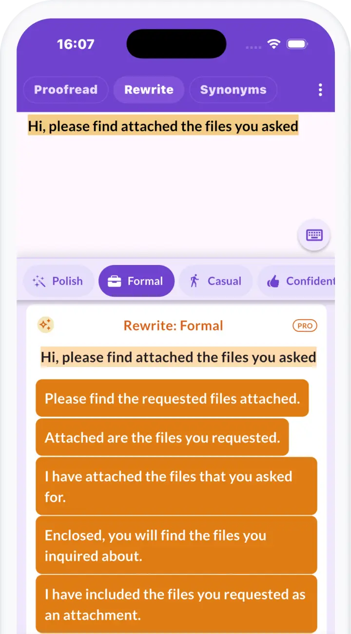Proofreader AI screenshot showing rewrite suggestions